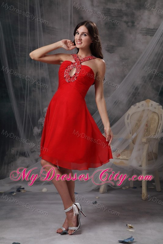 Red Empire Chiffon Beading Cut Outs Prom Dress for Party