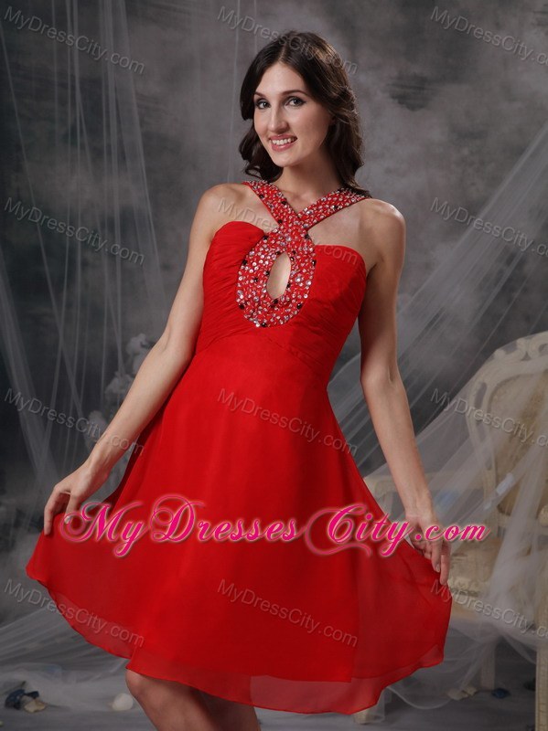 Red Empire Chiffon Beading Cut Outs Prom Dress for Party