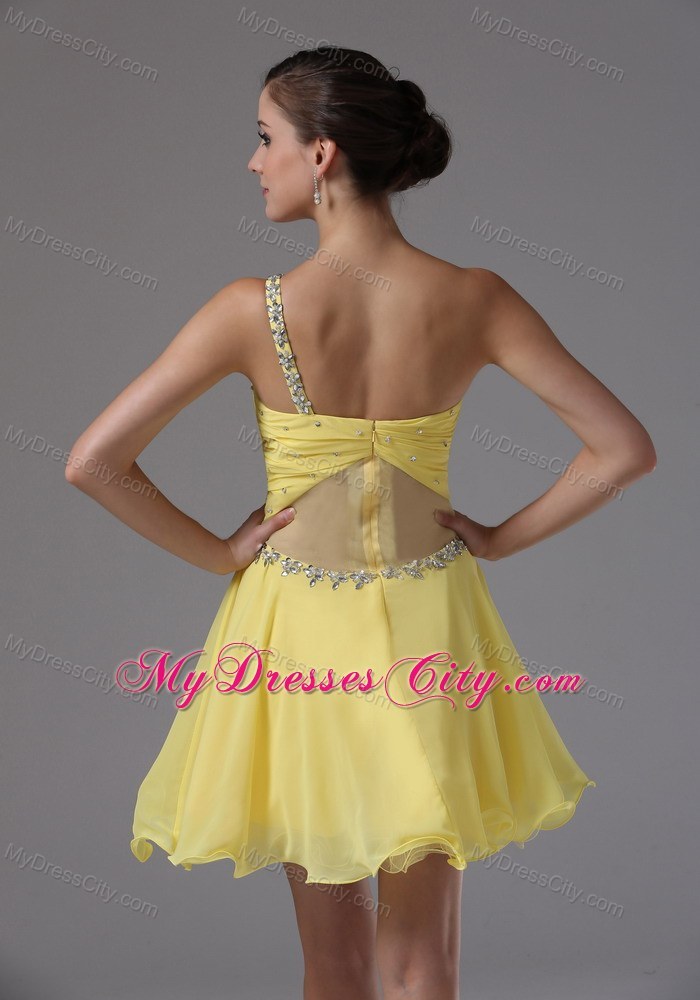 One Shoulder Ruches and Beading For Yellow Party Dress