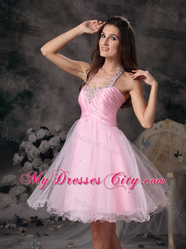 Customize Pink Halter Short Party Gowns with Beading
