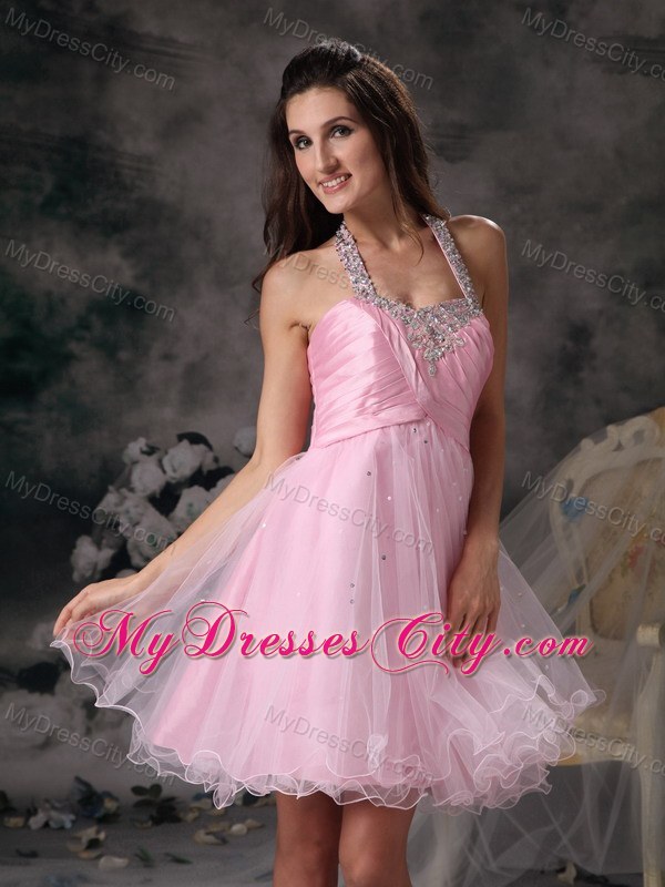 Customize Pink Halter Short Party Gowns with Beading