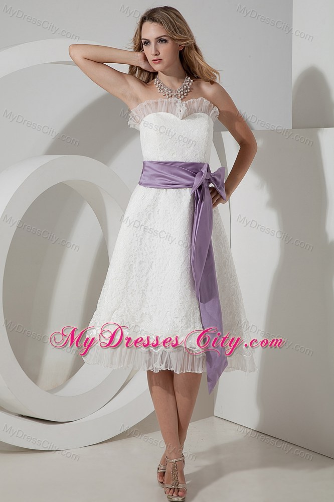 Princess Strapless Lace Tea-length Party Dress with Sash