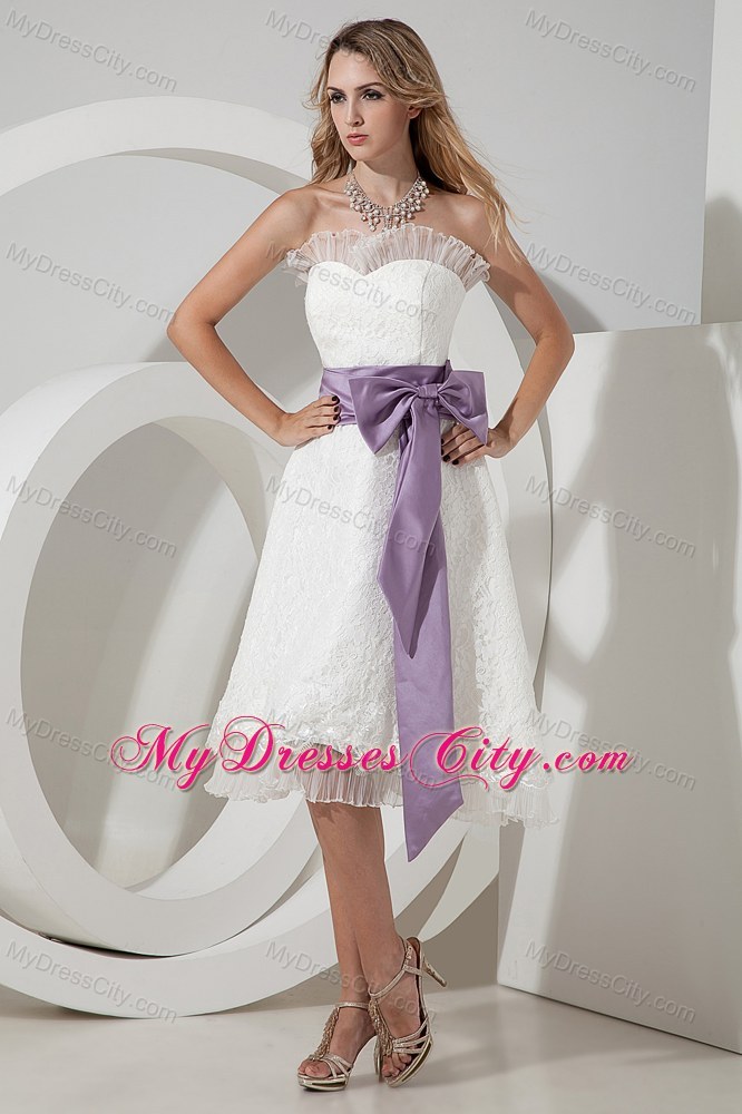 Princess Strapless Lace Tea-length Party Dress with Sash
