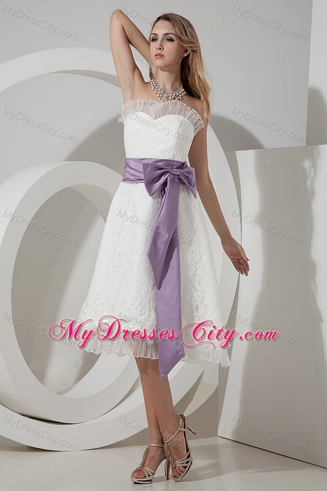 Princess Strapless Lace Tea-length Party Dress with Sash