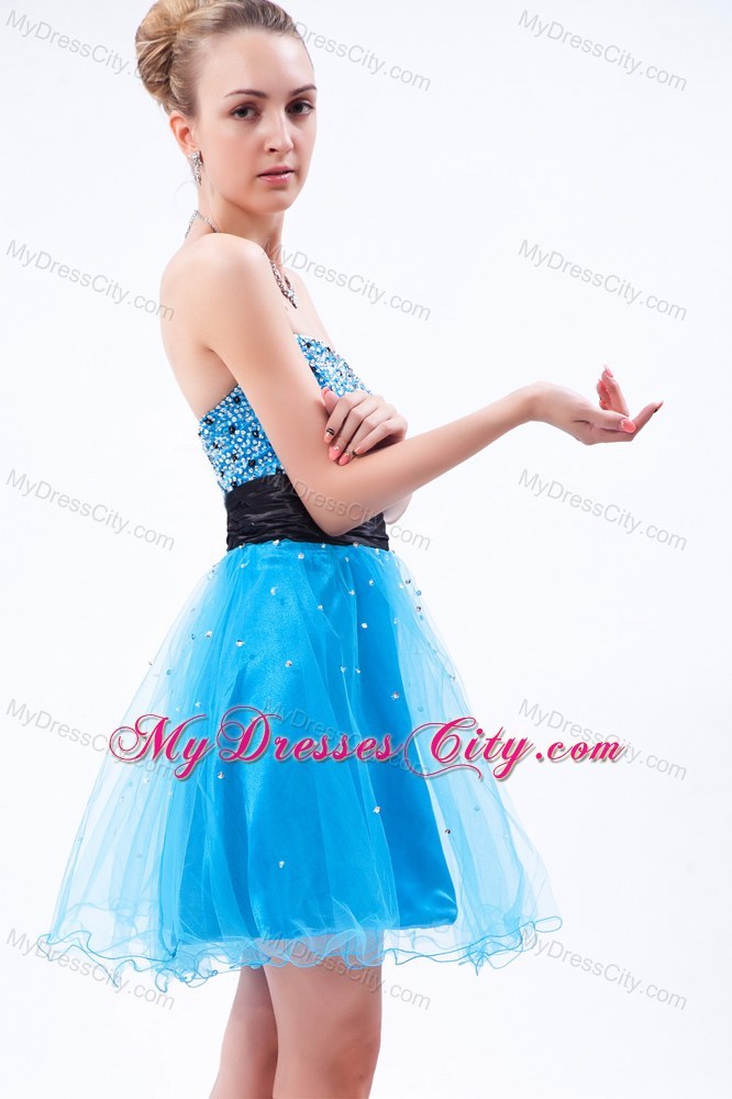 Aqua Tulle Beading Mini-length Party Dress with Strapless