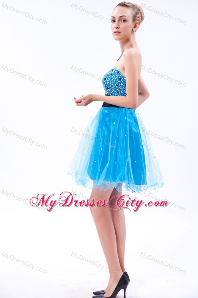 Aqua Tulle Beading Mini-length Party Dress with Strapless