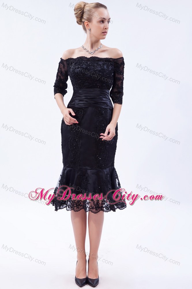 Off the Shoulder Tea-length Lace Party Dress with Half Sleeves