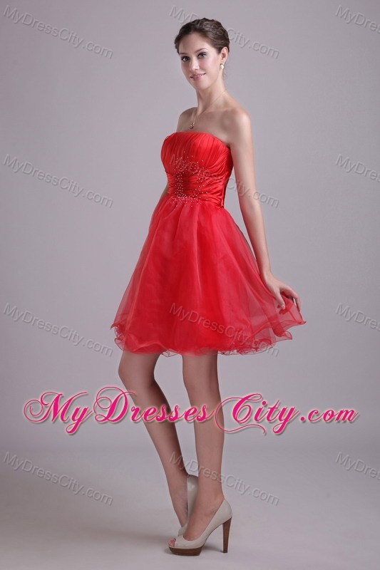 Organza Red Strapless Short Party Cocktail Dress with Beading