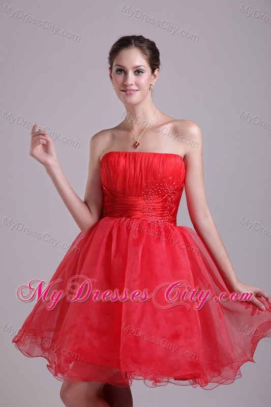 Organza Red Strapless Short Party Cocktail Dress with Beading