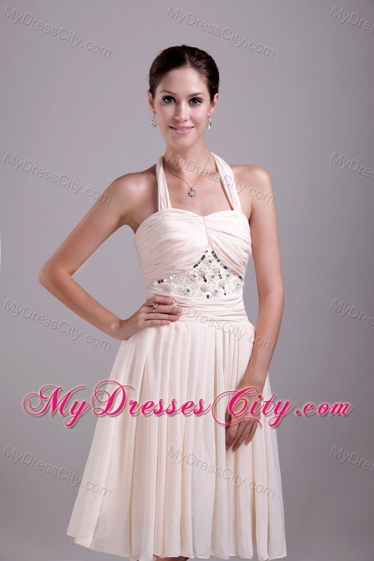 Halter Empire Knee-length Beading Party Dress in Cream Colored
