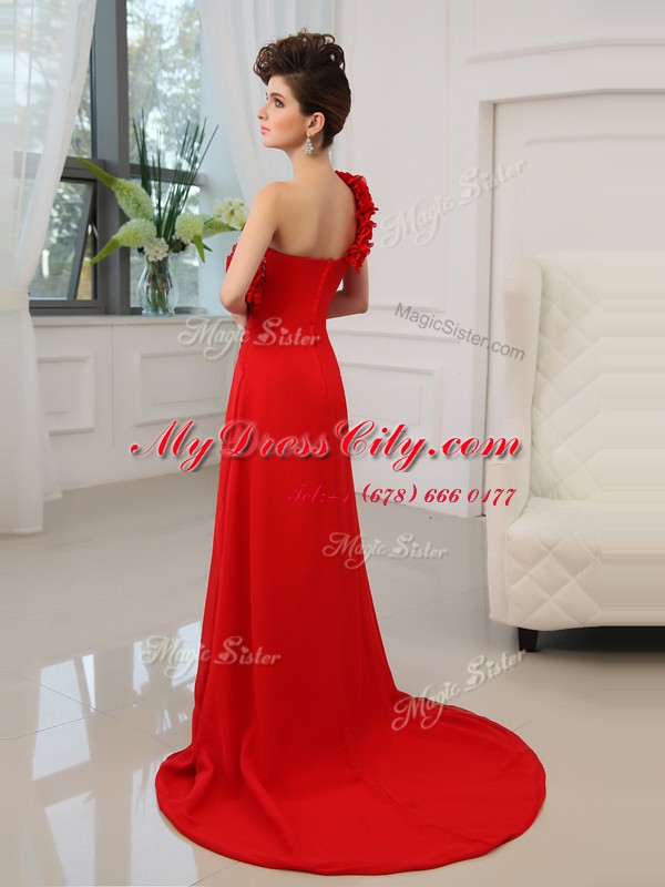 One Shoulder Sleeveless Court Train Zipper Dress for Prom Red Satin