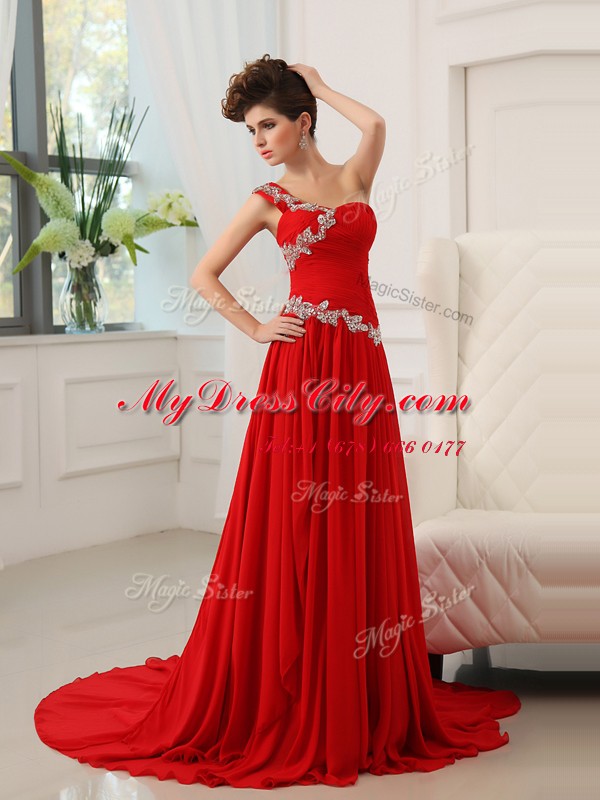 Chic One Shoulder Sleeveless Sweep Train Zipper With Train Beading and Ruching Formal Dresses