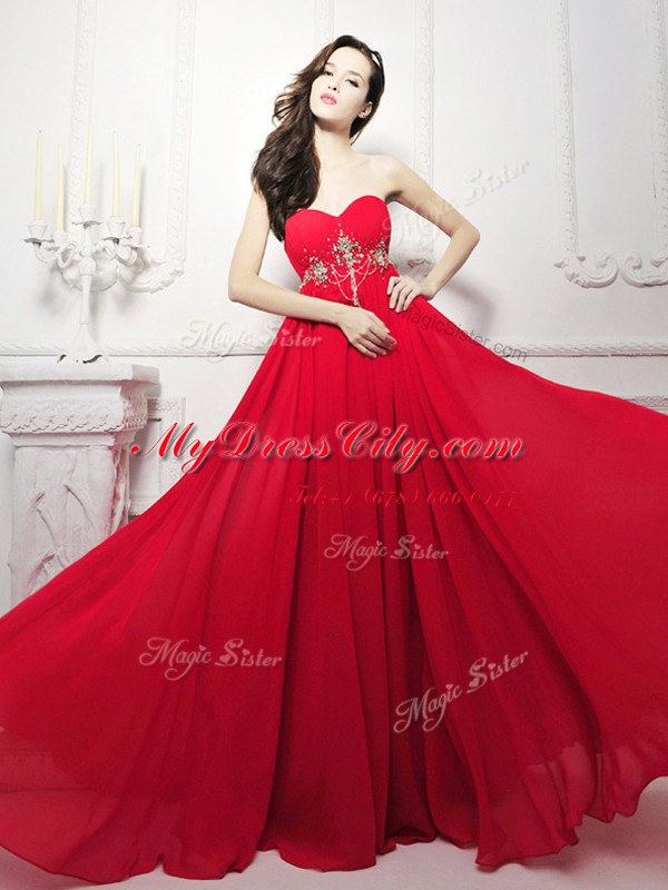 Chiffon Sleeveless Prom Evening Gown Sweep Train and Beading
