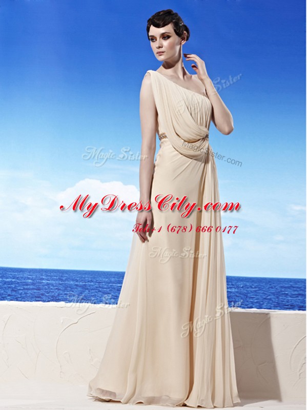 One Shoulder Floor Length Champagne Prom Dress Chiffon Sleeveless Beading and Ruching