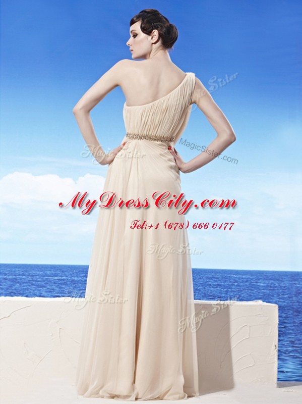 One Shoulder Floor Length Champagne Prom Dress Chiffon Sleeveless Beading and Ruching