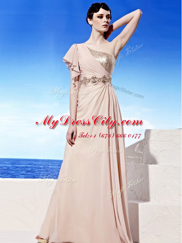 One Shoulder Floor Length Side Zipper Homecoming Dress Peach for Prom and Party with Sequins and Ruching