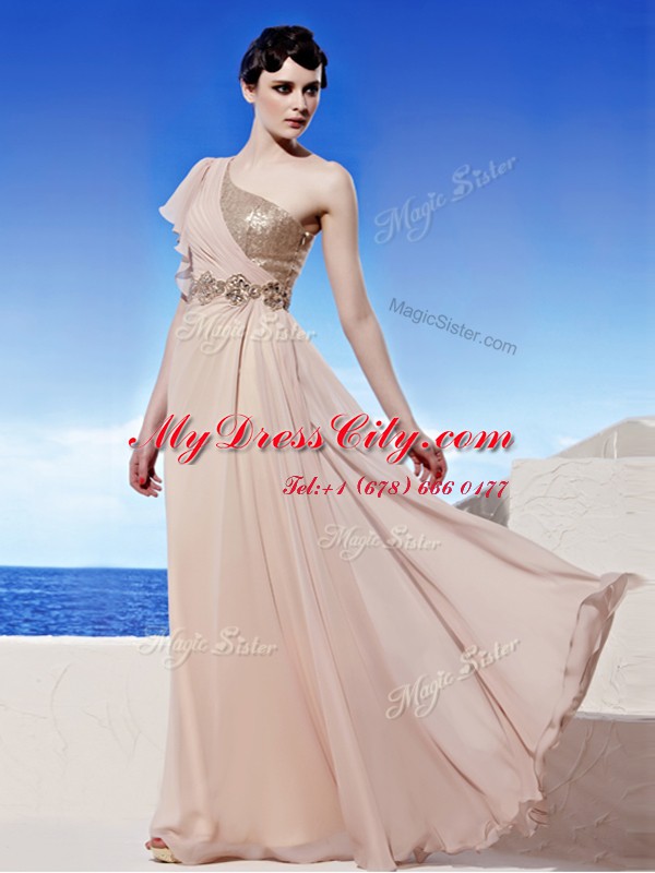 One Shoulder Floor Length Side Zipper Homecoming Dress Peach for Prom and Party with Sequins and Ruching