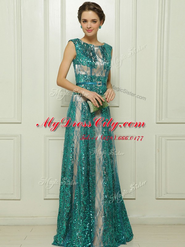 Scoop Sleeveless Tulle Floor Length Zipper Formal Dresses in Teal with Beading and Sequins