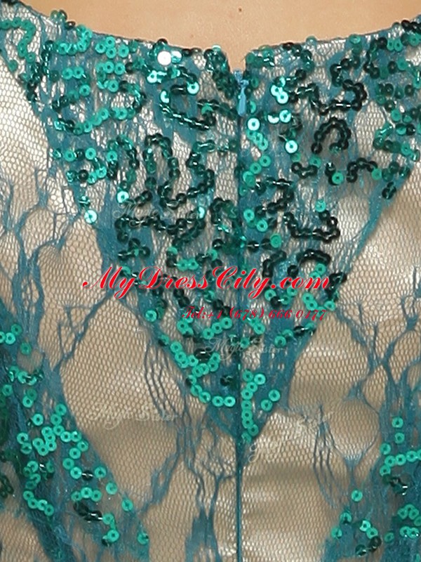 Scoop Sleeveless Tulle Floor Length Zipper Formal Dresses in Teal with Beading and Sequins