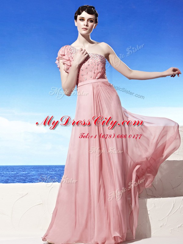 One Shoulder Pink Empire Beading Prom Dress Side Zipper Chiffon Sleeveless Floor Length