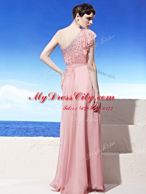 One Shoulder Pink Empire Beading Prom Dress Side Zipper Chiffon Sleeveless Floor Length