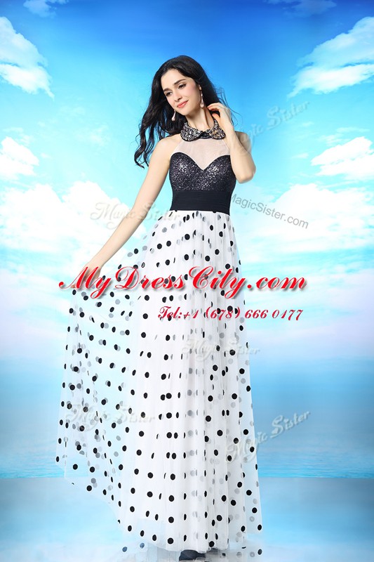 Custom Made Sequins Ankle Length White And Black Prom Party Dress Halter Top Sleeveless Side Zipper