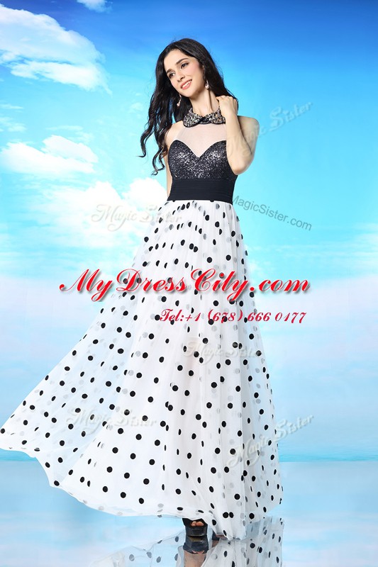 Custom Made Sequins Ankle Length White And Black Prom Party Dress Halter Top Sleeveless Side Zipper
