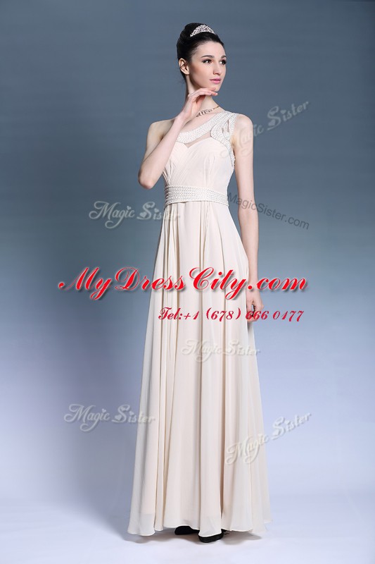 Champagne One Shoulder Neckline Beading and Ruching Dress for Prom Sleeveless Side Zipper