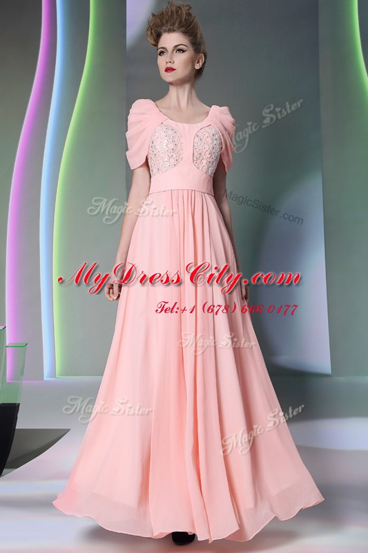 Customized Scoop Baby Pink Side Zipper Evening Dress Beading Cap Sleeves Floor Length