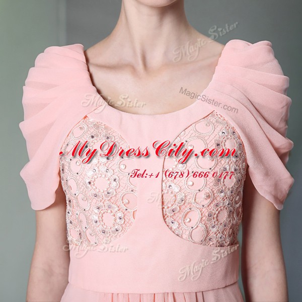 Customized Scoop Baby Pink Side Zipper Evening Dress Beading Cap Sleeves Floor Length