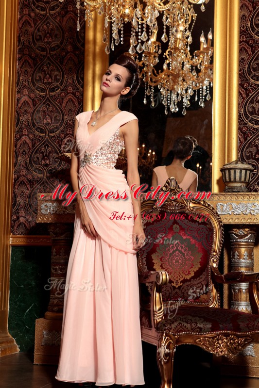 Cap Sleeves Side Zipper Floor Length Beading and Embroidery and Ruching Prom Dress