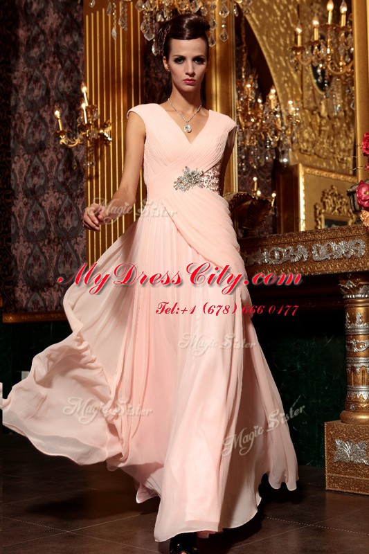 Cap Sleeves Side Zipper Floor Length Beading and Embroidery and Ruching Prom Dress
