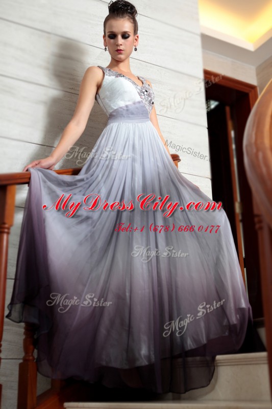 Glittering Multi-color Sleeveless Beading and Appliques and Ruching Floor Length Prom Gown