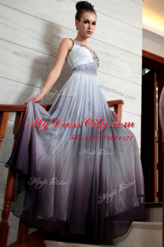 Glittering Multi-color Sleeveless Beading and Appliques and Ruching Floor Length Prom Gown