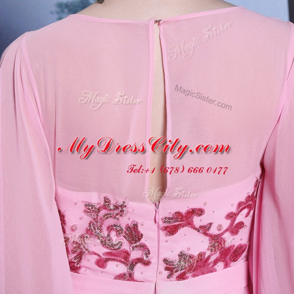 Scoop Rose Pink Half Sleeves Chiffon Zipper Prom Gown for Prom and Party