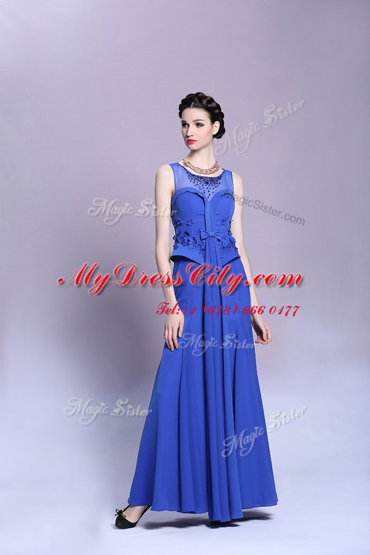 Cute Chiffon Scoop Sleeveless Zipper Beading and Appliques Prom Evening Gown in Blue