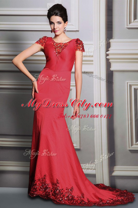 Chic Red Prom Gown Scoop Short Sleeves Court Train Clasp Handle