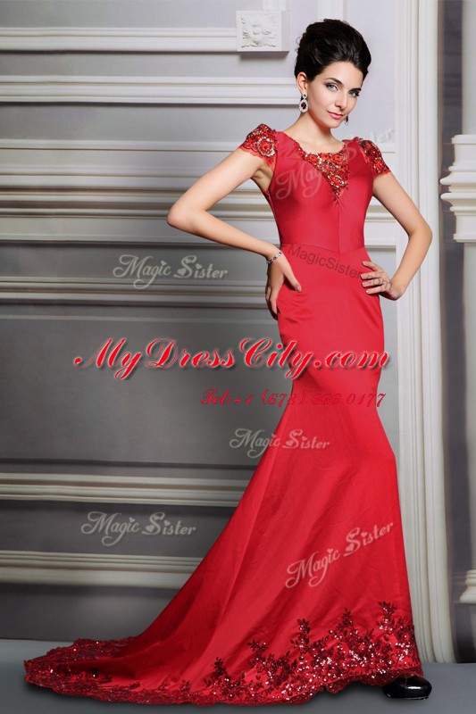 Chic Red Prom Gown Scoop Short Sleeves Court Train Clasp Handle