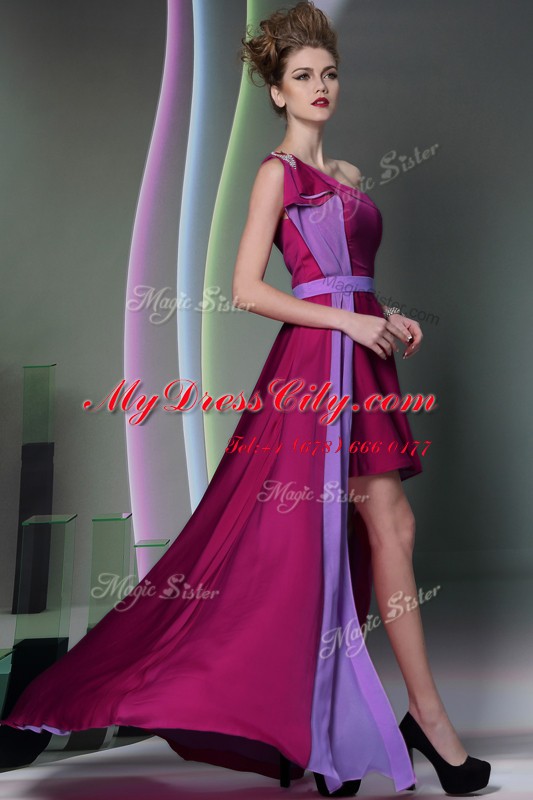 One Shoulder Burgundy Sleeveless High Low Beading and Sashes ribbons Side Zipper Prom Evening Gown