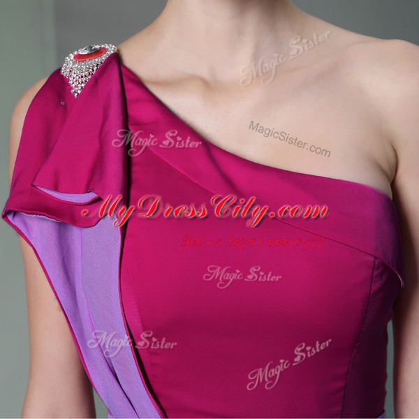 One Shoulder Burgundy Sleeveless High Low Beading and Sashes ribbons Side Zipper Prom Evening Gown