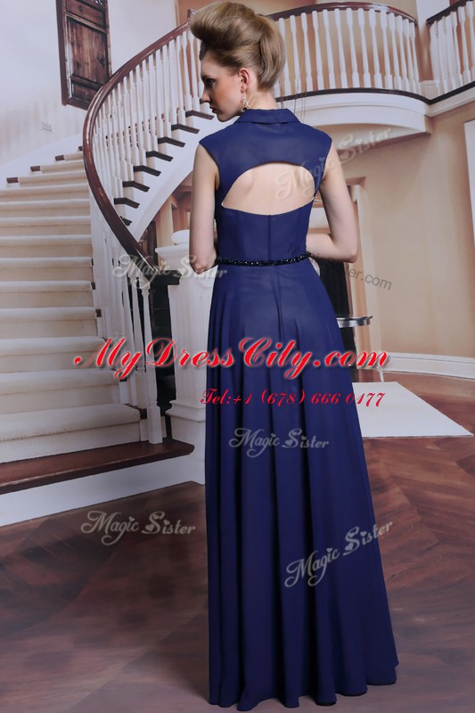 Custom Designed Navy Blue Column/Sheath High-neck Sleeveless Chiffon Floor Length Zipper Beading Homecoming Dress