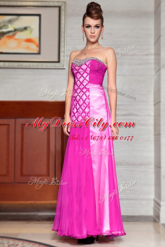 Customized Ankle Length Side Zipper Evening Dress Fuchsia for Prom and Party with Beading and Ruching