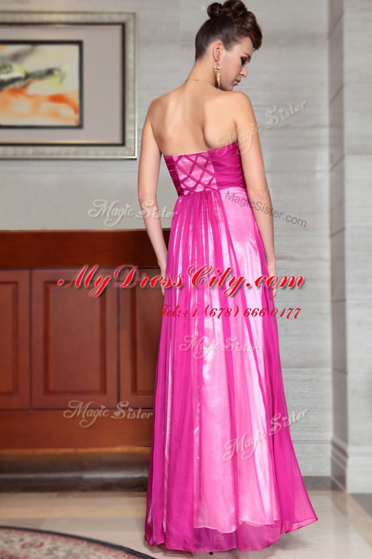 Customized Ankle Length Side Zipper Evening Dress Fuchsia for Prom and Party with Beading and Ruching