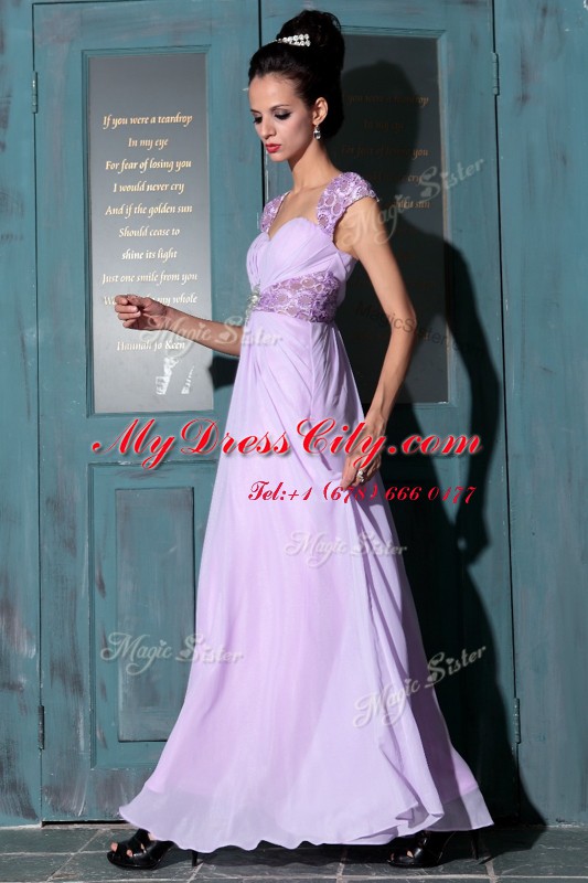 Chic Floor Length Lavender Prom Evening Gown Organza Sleeveless Beading