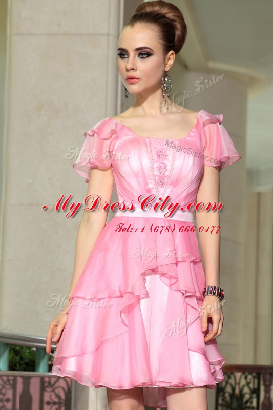 Comfortable Mini Length Rose Pink Womens Party Dresses Chiffon Cap Sleeves Belt