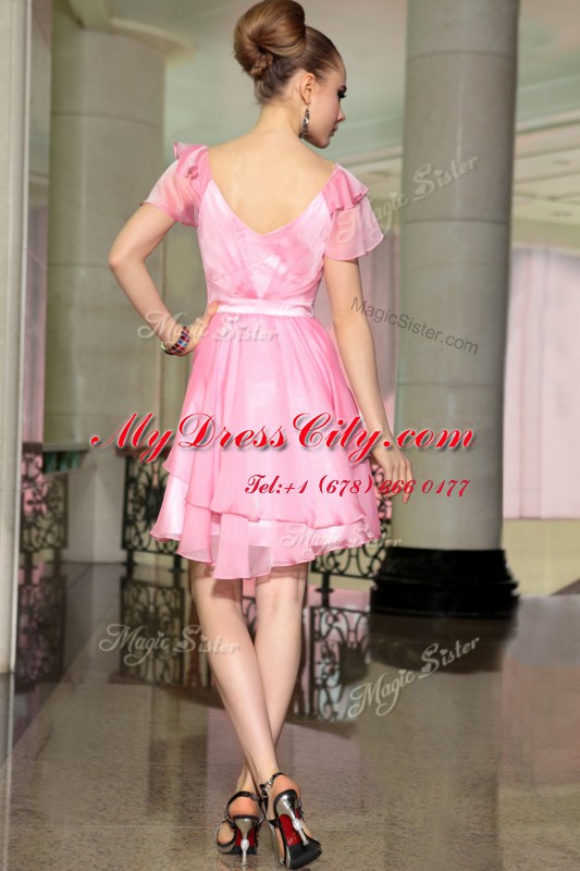 Comfortable Mini Length Rose Pink Womens Party Dresses Chiffon Cap Sleeves Belt
