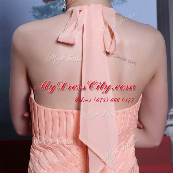 Chic Peach Chiffon Zipper Halter Top Sleeveless Floor Length Prom Evening Gown Beading and Sashes ribbons