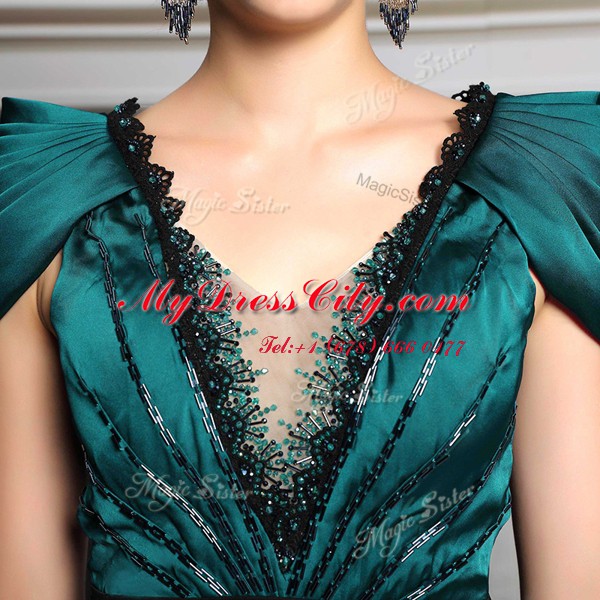 Dark Green V-neck Zipper Beading and Embroidery and Belt Dress for Prom Short Sleeves
