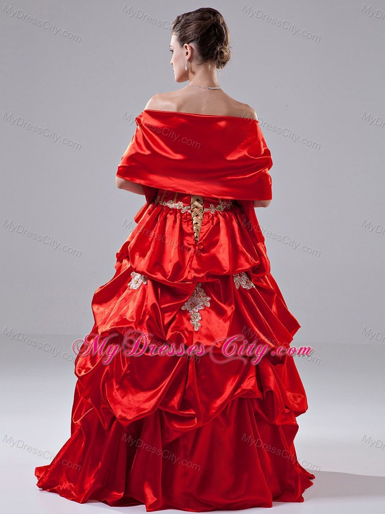 A-Line Appliques Taffeta Red Floor-length Strapless Prom Dress