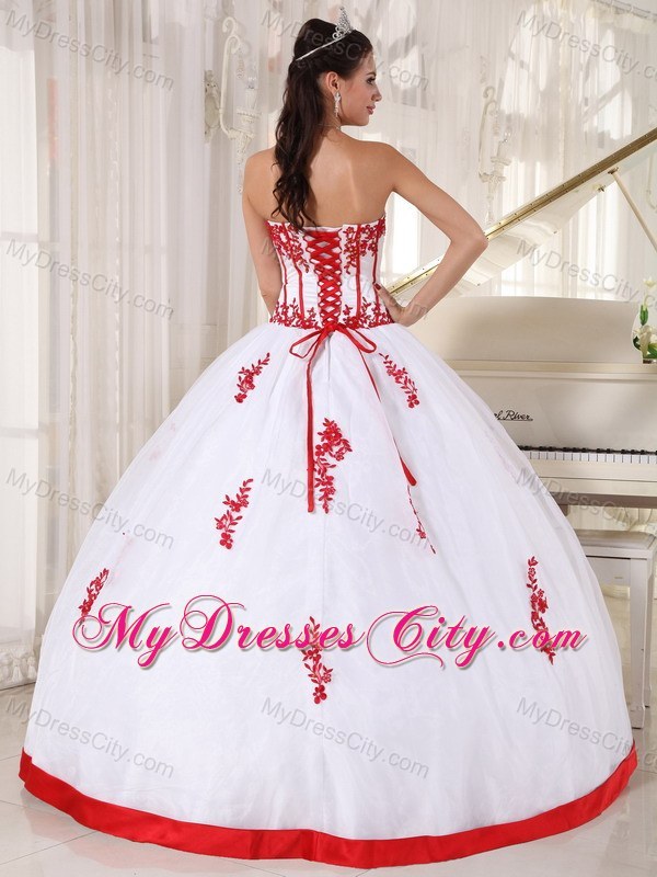 White Satin and Organza Quinceanera Dress with Red Appliques